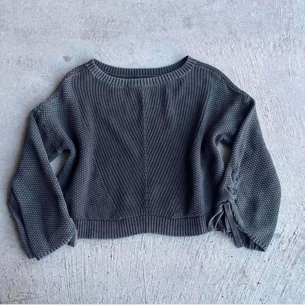 Hollister Cropped Waffle Knit Sweater with Flared Braided Sleeves, Black, Size L